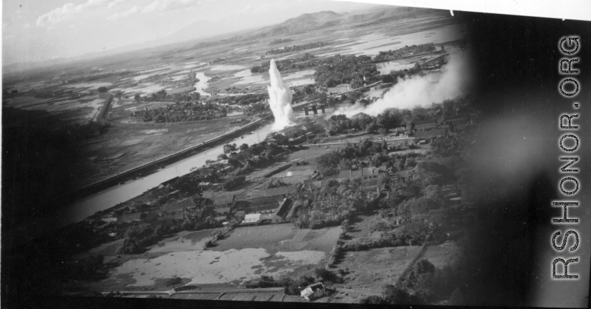 Bombing on Phu Lang Thuong railway bridge over the Thuong River at Bắc Giang City in French Indochina (Vietnam), during WWII. In northern Vietnam, and along a critical rail route used by the Japanese.  Coordinates:  21°16'32.69"N 106°11'9.28"E