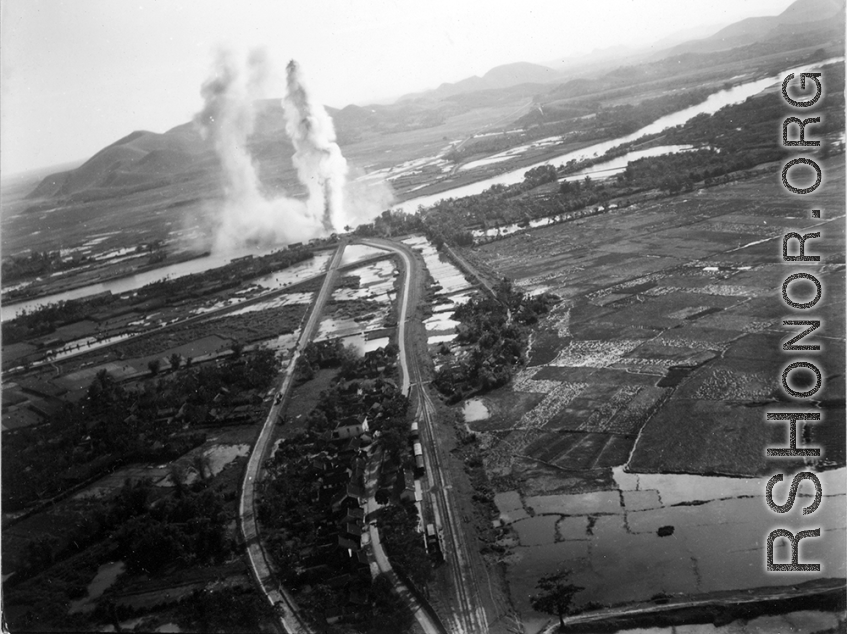 Bombing of Đò Lèn Bridge in Hà Trung Town in French Indochina (Vietnam), during WWII. In northern Vietnam, and along a critical rail route used by the Japanese.