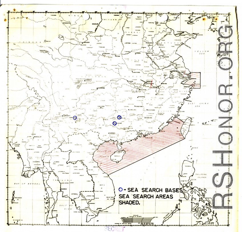 Sea search base map, with search areas shaded.  Bases at Liuzhou, Guilin, and Kunming are circled.