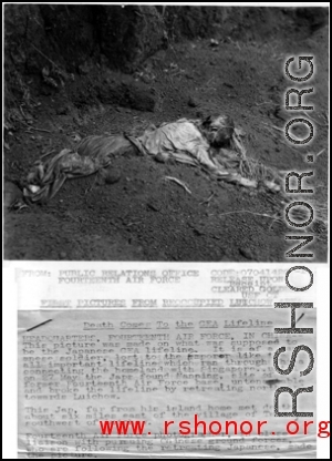Southwest of Liuchow, fighters of the Fourteenth Air Force caught a cavalry column headed towards Liuchow following the Japanese retreat after Ichigo. The Japanese did not have time to bury their dead and the remains of horses and horsemen lay scattered throughout the valley.