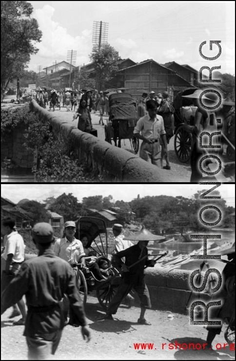 Chinese people crossing a busy bridge in SW China during WWII.