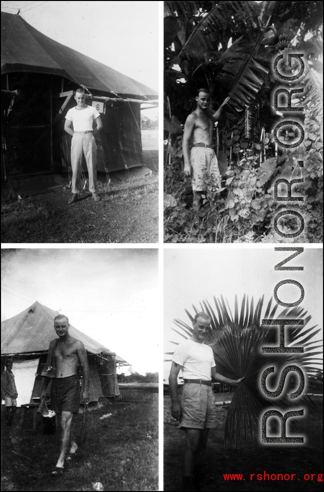 William J. Pribyl, Jr., 961st Petroleum Products Laboratory, in various poses in India: Around camp, looking at flora. During WWII.