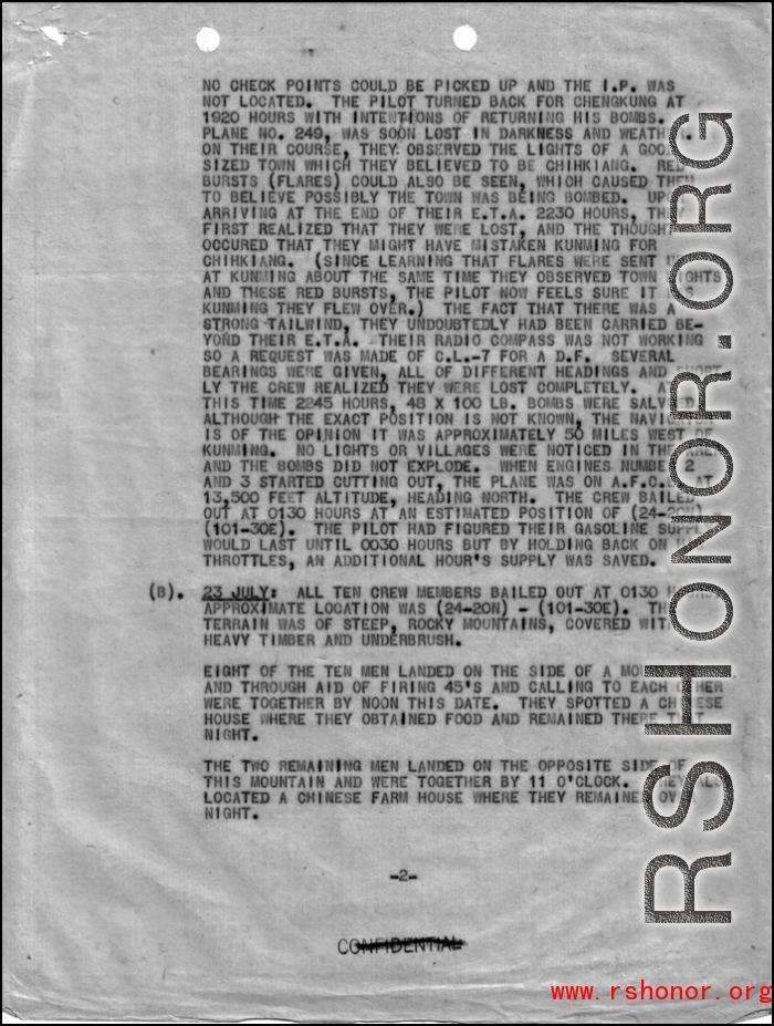 Page two of mission report for Squadron Mission No. 87, Group Mission No. 180, flown by Major H. S. Carswell and D. T. Francis, with crew of J. A. Prugh, A. M. Barnaby, S. D. May, E. W. Pacuch, J. J. Carbone, L. J. Davenport, C. J. King, and J. A. Garafalo. 22 July 1944.