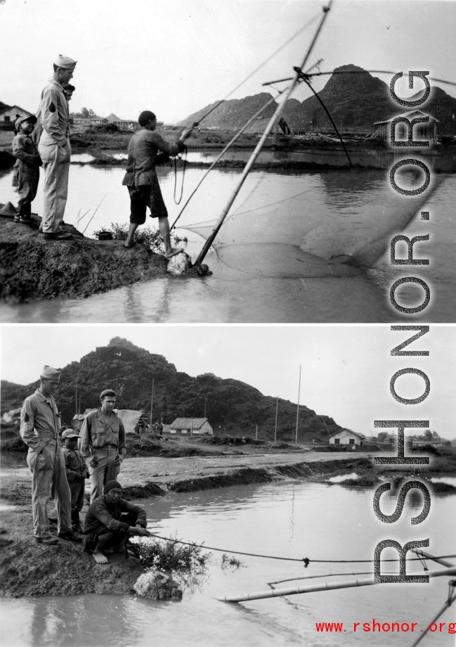 Fishing in Guangxi with GIs look on. During WWII.