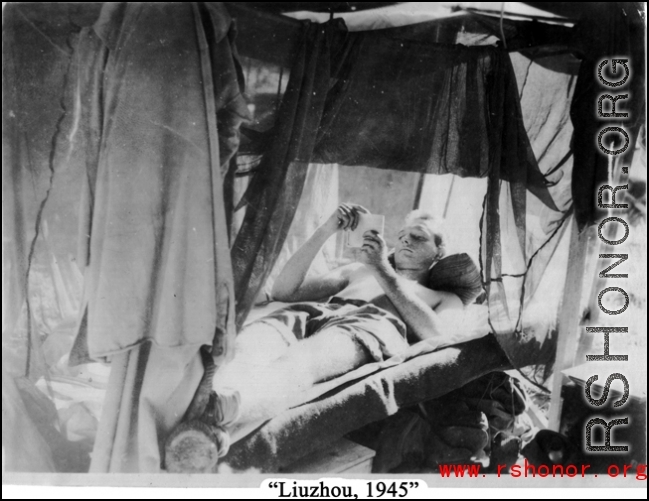 Photos taken by Robert F. Riese in or around Liuzhou city, Guangxi province, China, in 1945.  Robert Riese in his barracks bunk at Liuzhou during WWII.