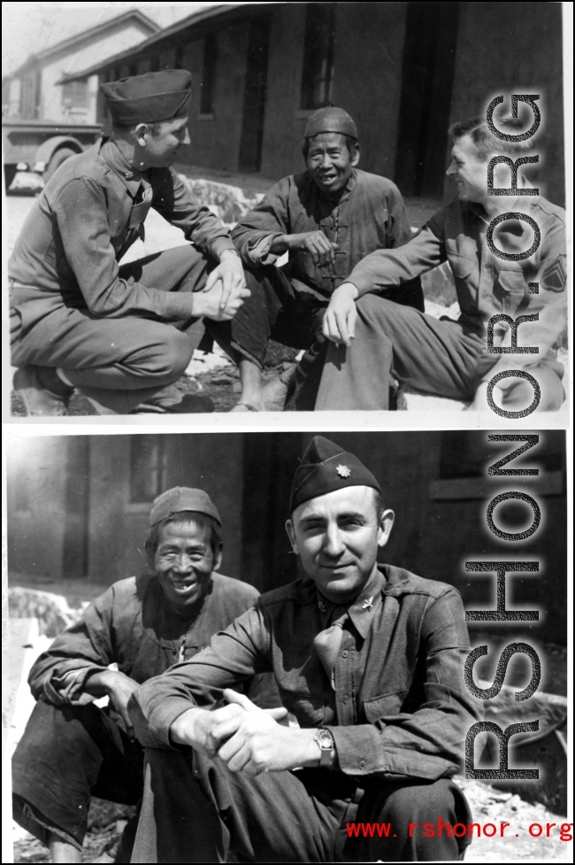 GIs with a Chinese man at an American base in China during WWII.
