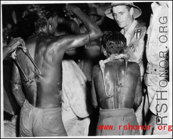 Religiously devoted men in India take part in self-flagellation and self-mutilation as a public performance of devotion to their gods. During WWII.