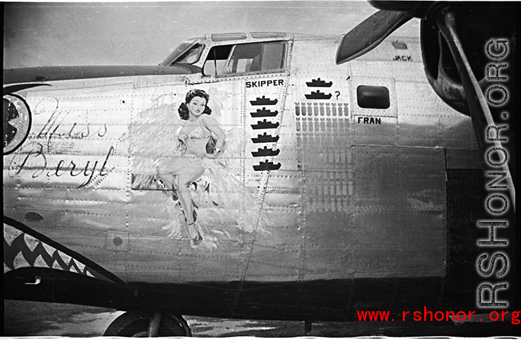 Nose art of a Consolidated B-24 bomber "Miss Beryl." In China during WWII, most likely at Luliang.