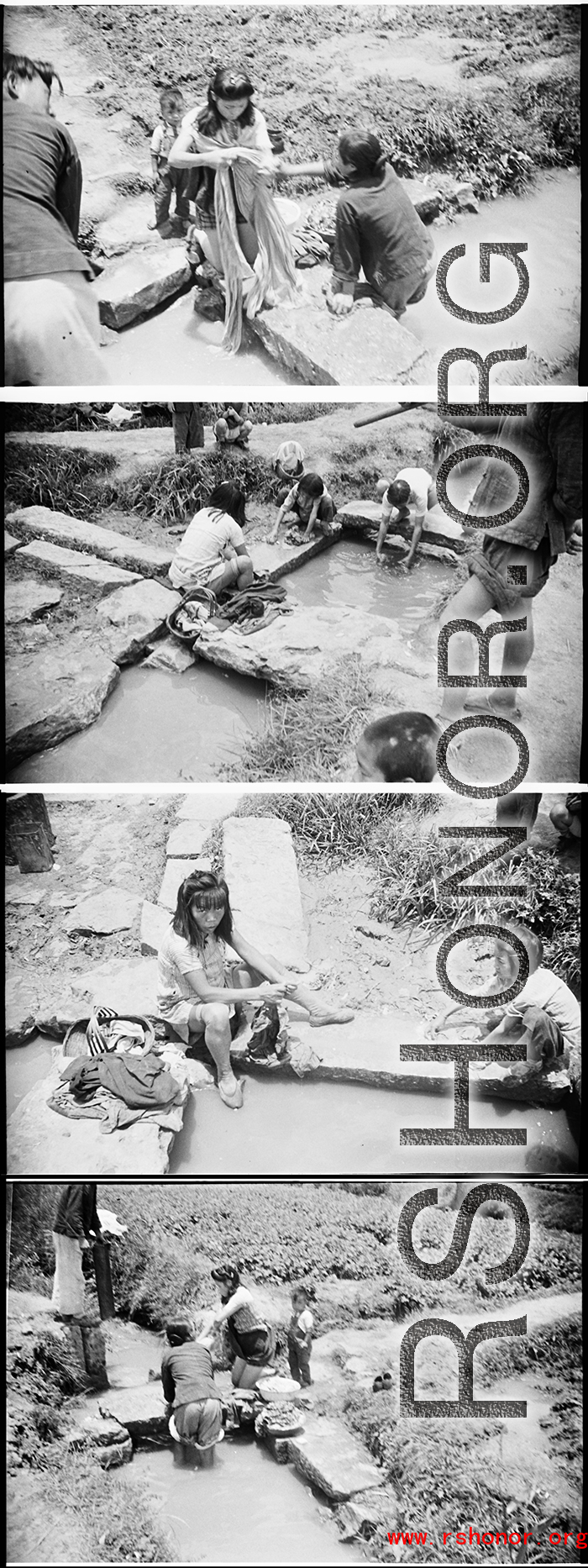 Women doing washing in an irrigation ditch in Yunnan, China, during WWII.