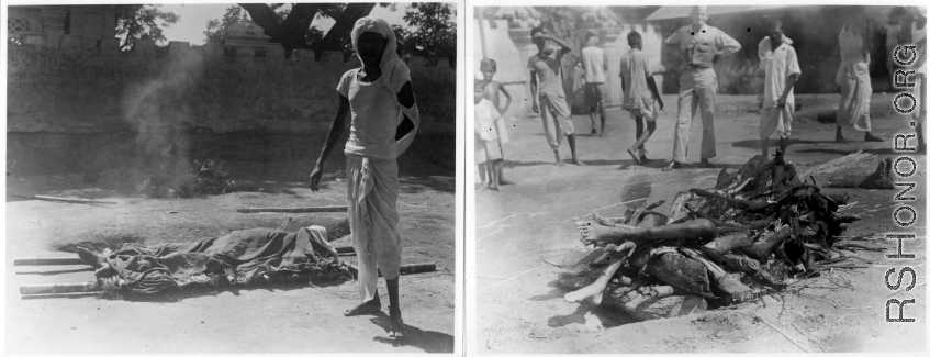 The dead in preparation for cremation, or in the midst of cremation.  Scenes in India witnessed by American GIs during WWII. For many Americans of that era, with their limited experience traveling, the everyday sights and sounds overseas were new, intriguing, and photo worthy.