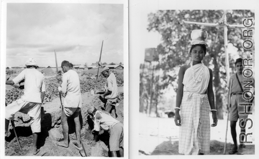Laborers dig (left), and girl balances water vessel on her head (right).  Scenes in India witnessed by American GIs during WWII. For many Americans of that era, with their limited experience traveling, the everyday sights and sounds overseas were new, intriguing, and photo worthy.