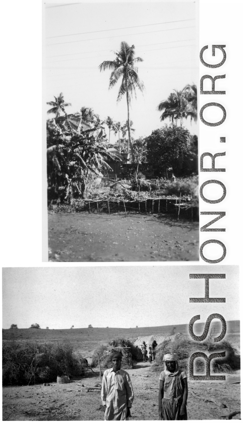Drying racks for produce (top), and men posing before piled brush (bottom).  Scenes in India witnessed by American GIs during WWII. For many Americans of that era, with their limited experience traveling, the everyday sights and sounds overseas were new, intriguing, and photo worthy.