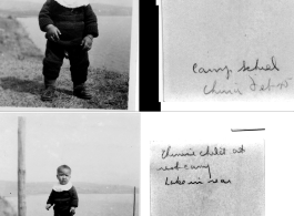 Child standing at Camp Schiel, China, February 1945, with Yangzonghai lake (阳宗海) lake behind.