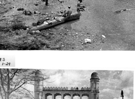 GIs bath in a river next to a bridge. And a decorative building. In the CBI during WWII.  Images provided by Emery and Beth Vrana.