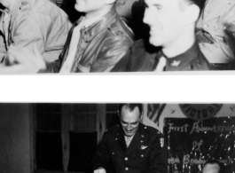 Chennault laughs with others in an audience; Officer cuts cake at 308th one year anniversary event. In the CBI during WWII.  Images provided by Emery and Beth Vrana.