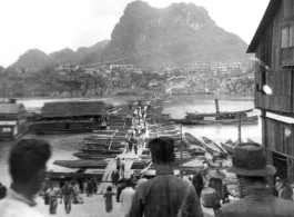 Looking over the river across the floating bridge towards Horse-saddle Mountain (马鞍山) in Liuzhou city, Guangxi province, during WWII.