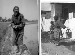 An elderly Chinese man poses on the edge of a rice paddy, and an elderly Chinese woman (with bound feet) carries buckets on a shoulder pole. During WWII.