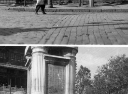 People hang out near tower and stone inscription in Kunming city, Yunnan province, China, during WWII.