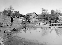 Village scene next to Yangkai, Yunnan province, during WWII, with a pond and people threshing rice. 