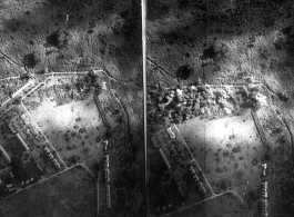 Pair of images showing progress of bombing of a compound with buildings in the CBI, likely in Burma, during WWII.