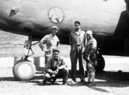 Pete, Elmer, Frank Bates, and a Chinese guard pose in the revetment of B-25D, #55, 491st Bombardment Squadron, at Yangkai AB, 1944. (Info courtesy Tony Strotman)