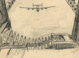 Thomas Grady was a talented and curious young artist while in the CBI, and he drew a number of his observations, often capturing emotions or experiences vividly with his pencil.   "My Office--tail gun, T. Grady, S/Sgt (all drawings made on the way home)."
