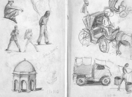 The wartime notebook of S/Sgt. Tom L. Grady. In his notebook, as a talented and curious young artist while in the CBI, he recorded scenes and vignettes that he saw in his life. He also recorded names and contact info for the people he met.  "Ballgame. India"