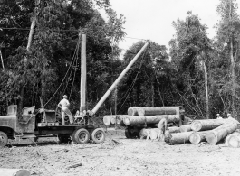 797th Engineer Forestry Company mill in Burma, loading logs for milling for bridge building along the Burma Road.  During WWII.