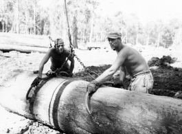 797th Engineer Forestry Company mill in Burma, loading logs for milling for bridge building along the Burma Road.  During WWII.