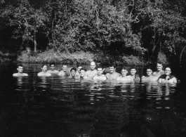 Engineers of the 797th Engineer Forestry Company pose while swimming in Burma.  During WWII.