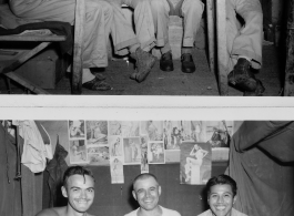 Engineers of the 797th Engineer Forestry Company pose in their barracks/tent in Burma.  During WWII.