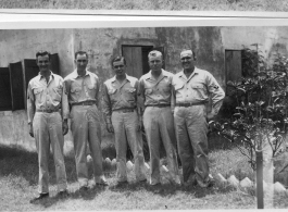 Boys of the 2005th Ordnance Maintenance Company,  28th Air Depot Group, in various poses--possibly showing of new sergeant stripes--in India or Burma. During WWII.