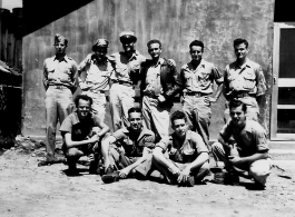 Crew photo.  Standing (left to right):  Lt. John Roney--Navigator  Lt. Howard Young--Bbombardier  Lt. Bruce Clendenen--Pilot  Lt. Robert Reade--Co-pilot  S/Sgt. Ed Mast--Engineer  S/Sgt. James Hicks--Radio Man    Seated:  S/Sgt. Allen Guthrie--Radar Man  Sgt. Glen Park--Armor Gunner  ?Sgt. Dick Zachorras--Nose Gunner  ?Sgt. Shipka-- Waist Gunner