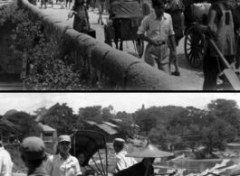 Chinese people crossing a busy bridge in SW China during WWII.