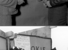 A GI buys a ticket to bet on a horse race arranged at Guilin during WWII, while a local lady waits in line. The betting was "pari mutuels" wagering, to be split among all winners.