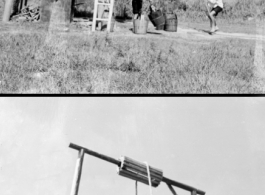 Workers in China load raised water storage tanks by hand via pails and rope lifts. Below is a boiler heating the water. At an American military base in China. During WWII.