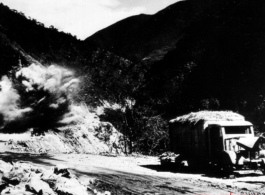 Explosion for road construction on Burma Road during WWII.