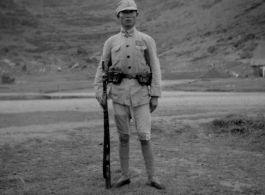 A "Chongwa Bing" (中国兵; Chinese soldier) guarding the base at Guilin (Kweilin) or Liuzhou (Liuchow) base, in Guangxi province, China, during the Second World War.