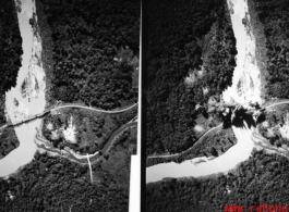 Before and during the bombing of a railroad bridge in China. 