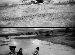 Women doing laundry in pond near American air base in China during WWII.