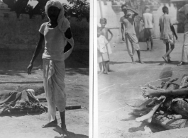 The dead in preparation for cremation, or in the midst of cremation.  Scenes in India witnessed by American GIs during WWII. For many Americans of that era, with their limited experience traveling, the everyday sights and sounds overseas were new, intriguing, and photo worthy.