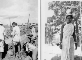 Laborers dig (left), and girl balances water vessel on her head (right).  Scenes in India witnessed by American GIs during WWII. For many Americans of that era, with their limited experience traveling, the everyday sights and sounds overseas were new, intriguing, and photo worthy.