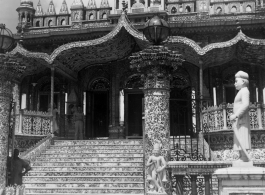 GI visiting ornate temple.  Scenes in India witnessed by American GIs during WWII. For many Americans of that era, with their limited experience traveling, the everyday sights and sounds overseas were new, intriguing, and photo worthy.