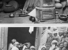 Room with boxes and metal vessels (top), and clustered men (bottom) with GI looking on from right.  Scenes in India witnessed by American GIs during WWII. For many Americans of that era, with their limited experience traveling, the everyday sights and sounds overseas were new, intriguing, and photo worthy.