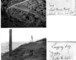A hill above Camp Schiel with winding road and temple at top, and pet dog "Zippy" at the camp, March 1945.