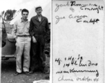 Jack Timmons and Joe Crocco pose before jeep in the CBI, near Kunming in October 1944, during WWII.