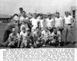 10th Air Force combat cargo airdrome squadron softball team pose: Pfc. John Carroll, Corp. Herman Cole, Pfc. Michael Pezzulo, Thomas Bell, Pfc. Floyd Walker, Pvt. Arthur Hanold, Pfc. Michael Chup, Corp. Stanley F. Garwacki, Jr., Sgt. James Miller, Corp. James West, M/Sgt. William Boone, and Sgt. Robert Maringer.