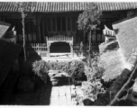 School courtyard from 3rd floor of pagoda. Spring 1945 on hike with Fred Nash near Yangkai, China.  From the collection of Frank Bates.