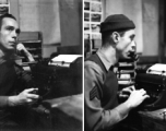 An American serviceman in the CBI working at typewriter.  From the collection of Wozniak, combat photographer for the 491st Bomb Squadron, in the CBI.