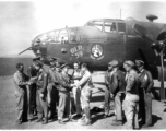 Left-right, William 'Bill' Byran shakes hands with Capt Robert Ebey (pilot), who hides Capt William DeVries (engineering officer) , Lt. Hilliard Ebey (nav), Lt Paul Sjoberg (copilot), Lt George Jernigan (bombardier) shakes hands with M/Sgt Cecil ' Bo' Noe (line chief) with Sgt Donnely (radio) looking on, S/Sgt Lyle Wilson, Pete Bertani, unknown, Capt Joseph Peterson, S/Sgt Rudolf Madsen (tail gunner).  From the collection of Frank Bates.